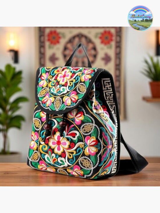 Floral Embroidery Canvas Drawstring Backpack, Vintage Daypack Travel Shoulder main image 6